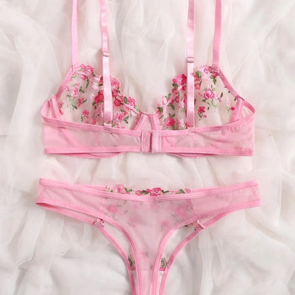 Women Floral Embroidory Underwear Set Sexy Lace Erotic Lingerie Female Bra And Brief Transparent Sensual Push Up Panty Patchwork