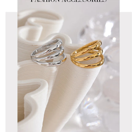 Yhpup Stainless Steel Geometric Hollow Layered Wide Ring Metal Texture Waterproof Daily Simple Stylish Golden Jewelry for Women