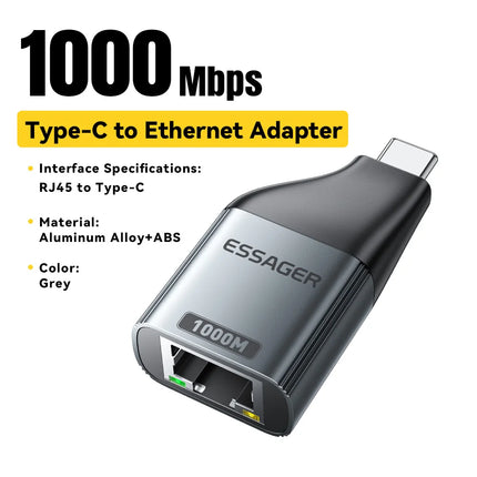 Essager Type-C to Ethernet Adapter 100/1000Mbps Gigabit High-Speed RJ45 To Type-c Adapter For MacBook Laptop Wired Network Card