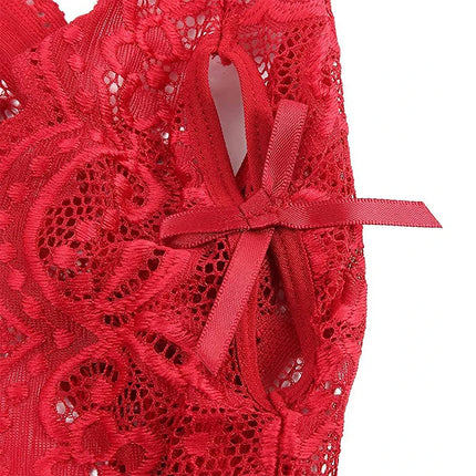 Sexy Crotchless Blue Lingerie Women Lace Hollow Bodysuit Erotic Pajamas Teddy Babydoll Dress Deep V Open Bra Porn Underwear Set