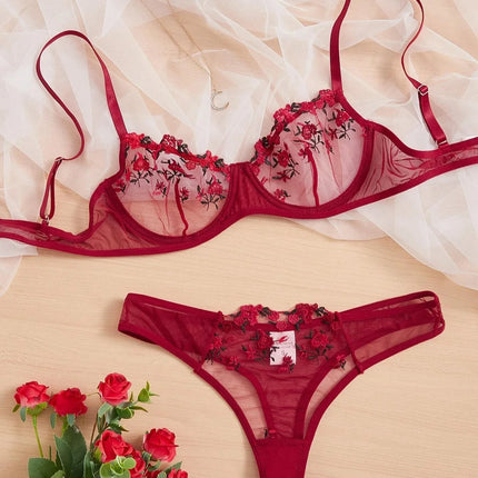 Women Floral Embroidory Underwear Set Sexy Lace Erotic Lingerie Female Bra And Brief Transparent Sensual Push Up Panty Patchwork