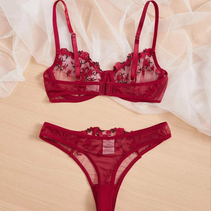 Women Floral Embroidory Underwear Set Sexy Lace Erotic Lingerie Female Bra And Brief Transparent Sensual Push Up Panty Patchwork