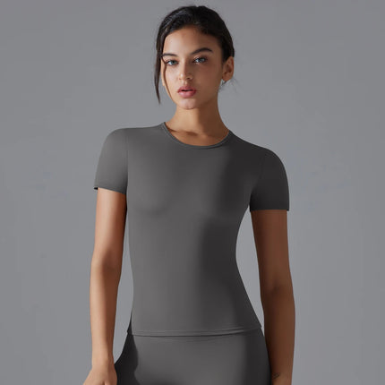 Women Running Sports T Shirt Summer Short Sleeve Round Neck Breathable Stretchy GYM Yoga Slim Fitness Active Top Tee