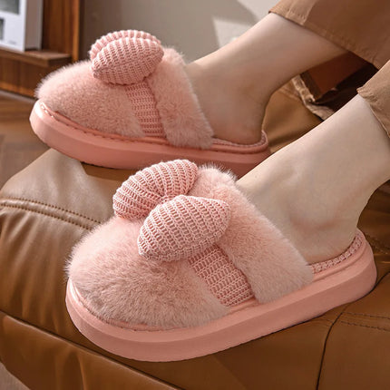 Women Fashion Plush Warm Bows Cotton Slippers Couple Winter New Thick Soft Sole Slides Men Indoor Floor Flat Home Non-slip Shoes