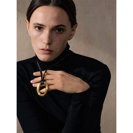 Yhpup Long PU Leather Stainless Steel Round Pendant Fashion Bib Necklace Minimalist Tarnish Free for Women Stylish Trend Jewelry