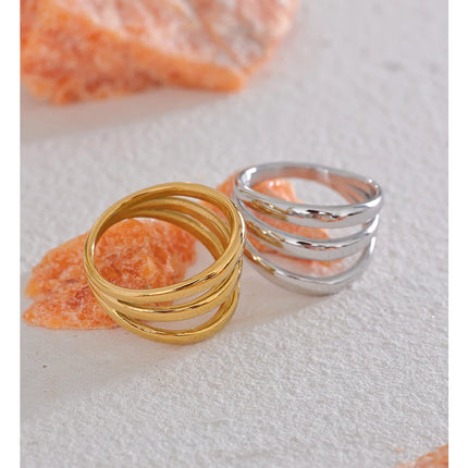 Yhpup Stainless Steel Geometric Hollow Layered Wide Ring Metal Texture Waterproof Daily Simple Stylish Golden Jewelry for Women