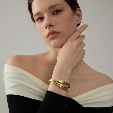 Yhpup 60mm Waterproof 316L Stainless Steel Round Smooth Bracelet Bangle Women Minimalist 18k Gold Color Texture Charm Jewelry