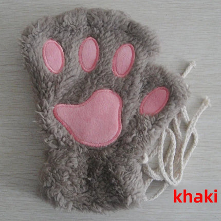 Cat Claw Gloves Winter Cute Cartoon Cat Girls Fingerless Gloves Thickened Velvet Bear Paw Half Finger Gloves