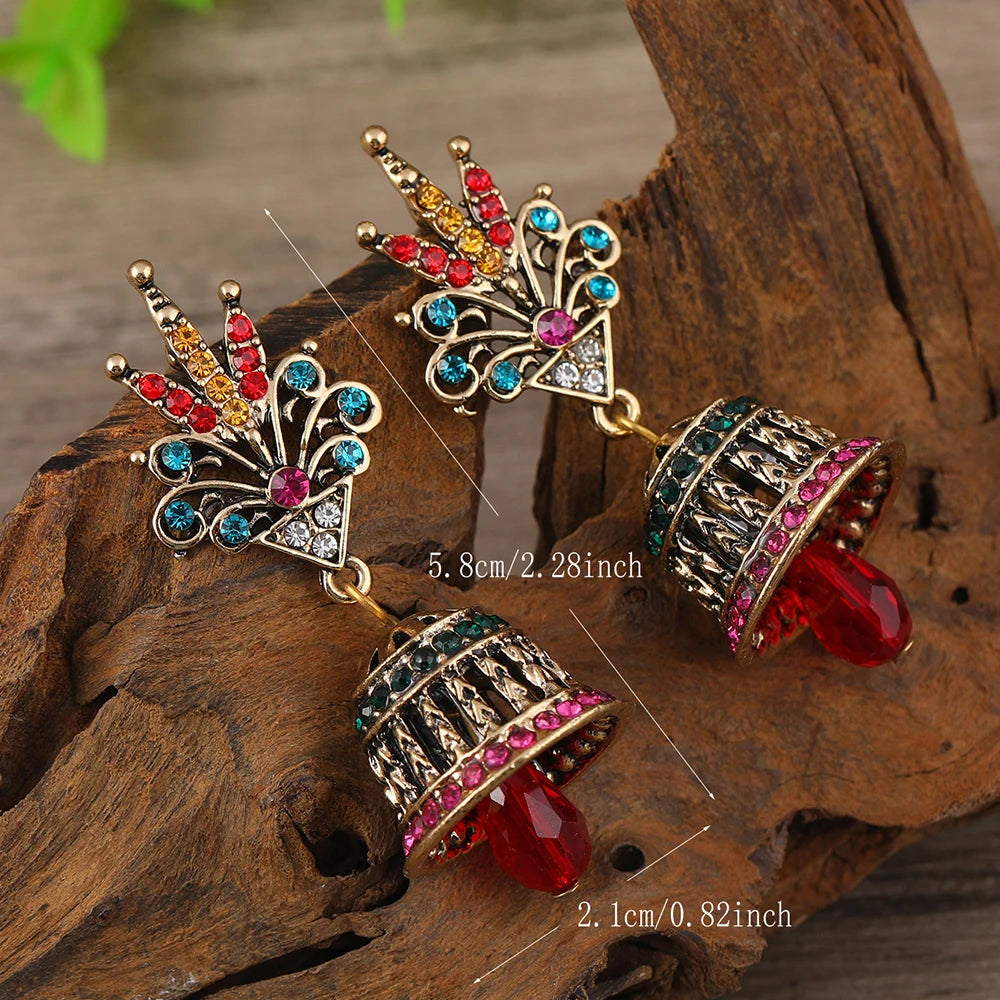 2pcs Women's Fashion Pendant Earrings Creative Retro Ethnic Style Long Bell Set with Colorful rhinestones Earrings Suitable for