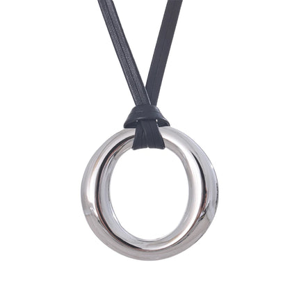 Yhpup Long PU Leather Stainless Steel Round Pendant Fashion Bib Necklace Minimalist Tarnish Free for Women Stylish Trend Jewelry