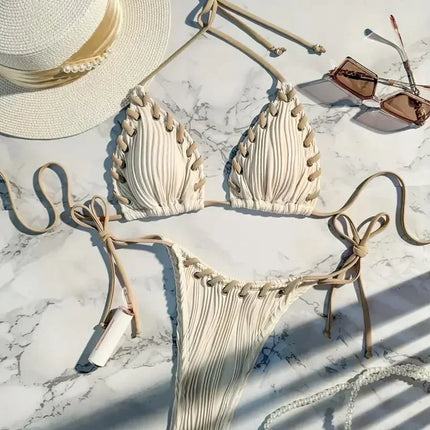 2025 Halter Wrinkled Weave Bikini Women Swimwear Female Swimsuit Two Pieces Bikini Set Brazilian Bathing Suit Swim Beach Wear