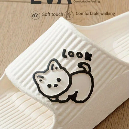 Fun Comfortable Women's SLippers Chic Cartoon Kawaii Cat Print Slides Slip-on Bathroom EVA Flat Heel Indoor Summer Fashion