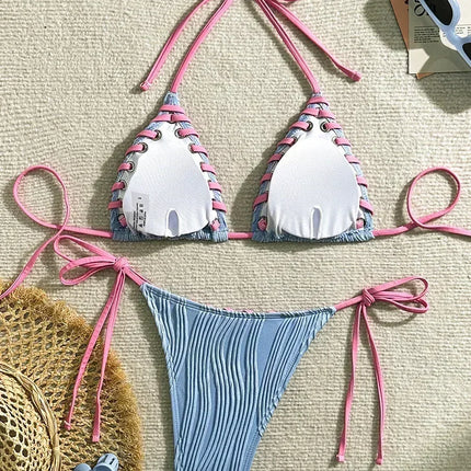 2025 Halter Wrinkled Weave Bikini Women Swimwear Female Swimsuit Two Pieces Bikini Set Brazilian Bathing Suit Swim Beach Wear