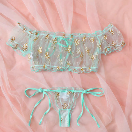 Sexy Fancy Lingerie Set 2 Pieces Transparent Halter Off Shoulder Women's Underwear Beautiful Daisy Print Bra And Panty Sets