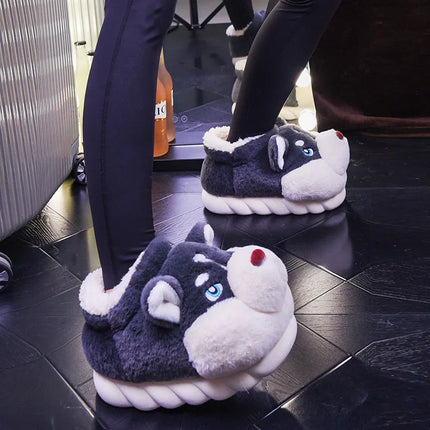 Women Indoor Cotton Slippers Cute Cartoon Dog Winter Warm Shoes Couples Home Floor Slides Anti-slip  Female Male House Footwear