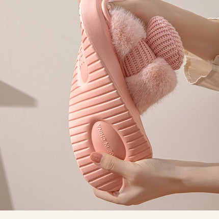 Women Fashion Plush Warm Bows Cotton Slippers Couple Winter New Thick Soft Sole Slides Men Indoor Floor Flat Home Non-slip Shoes