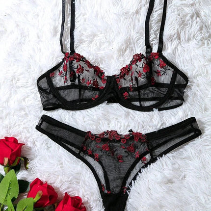Women Floral Embroidory Underwear Set Sexy Lace Erotic Lingerie Female Bra And Brief Transparent Sensual Push Up Panty Patchwork