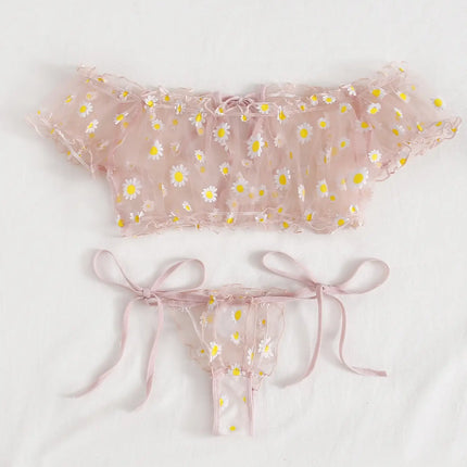 Sexy Fancy Lingerie Set 2 Pieces Transparent Halter Off Shoulder Women's Underwear Beautiful Daisy Print Bra And Panty Sets