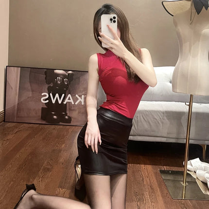 WOMENGAGA Leather Matte Slim Mini Sexy Fashion PU Hot Short High Waist Skirt Korean Nightclub Streetwear Wholesale Clothes 7ST