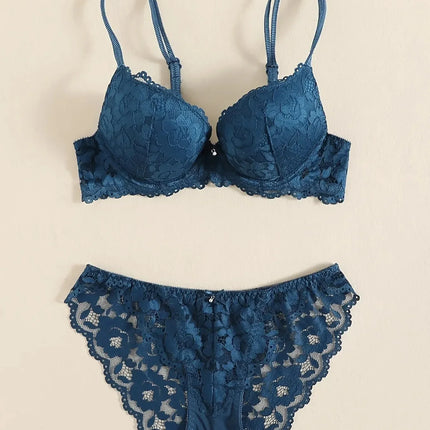 1 Set Elegant Erotic Lace Embroidery Breathable Fabric Lingeries : Push-Up Bra, Low Waist Sheer Panty - Ultimate Valentine's Day