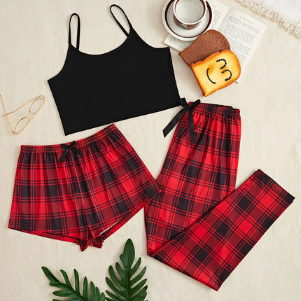 3Pcs Women's Pajama Set Camisole Shorts Trousers Three-Piece Bow Tie Home Wear Set Plaid Print Sleepwear for Women Christmas pjs