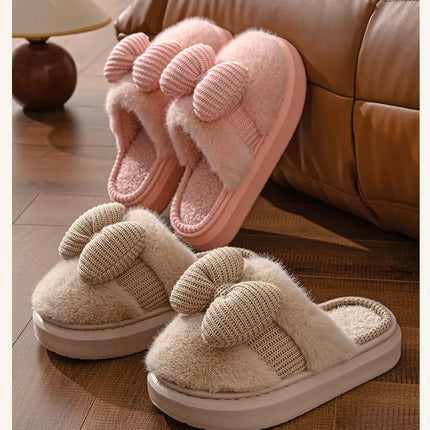 Women Fashion Plush Warm Bows Cotton Slippers Couple Winter New Thick Soft Sole Slides Men Indoor Floor Flat Home Non-slip Shoes