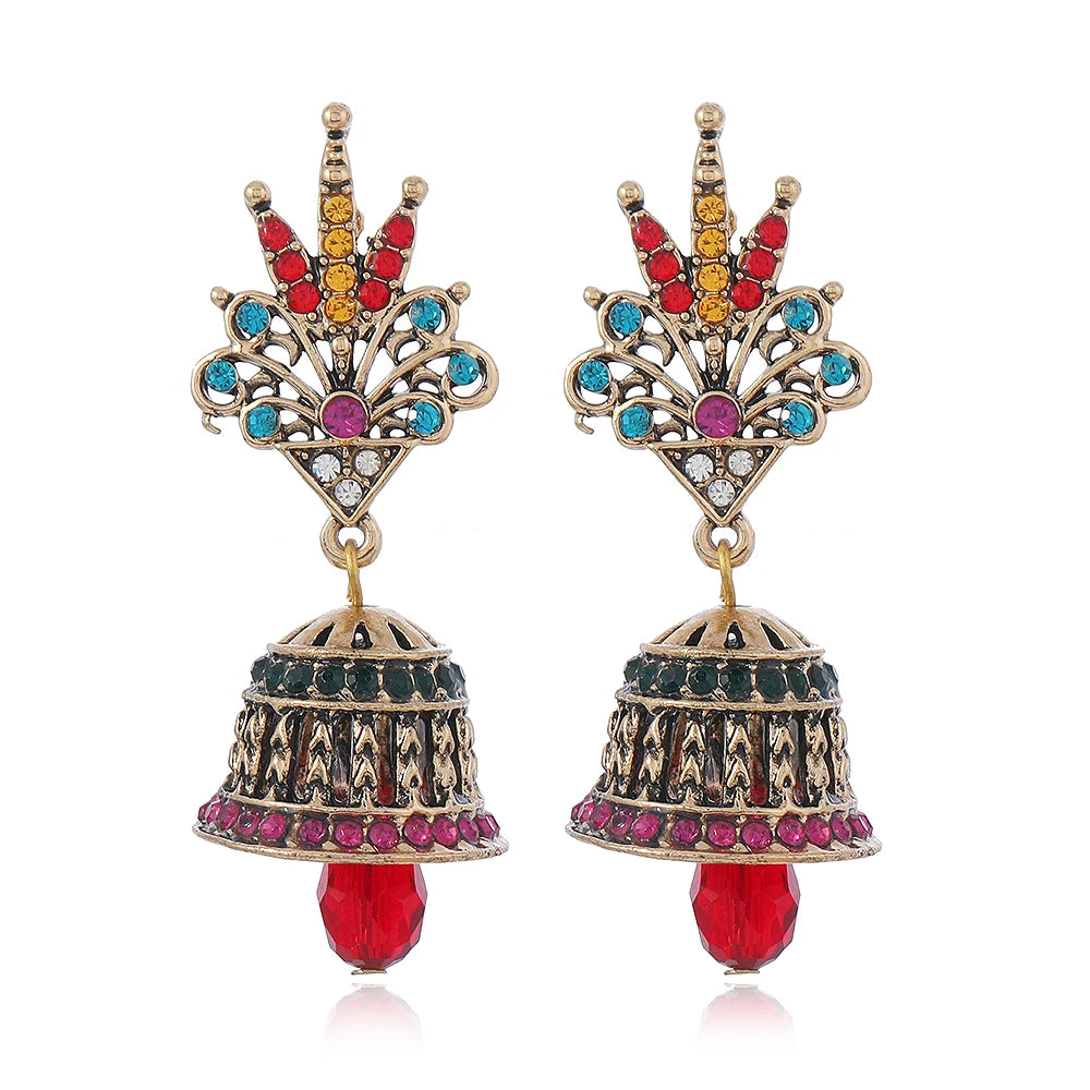 2pcs Women's Fashion Pendant Earrings Creative Retro Ethnic Style Long Bell Set with Colorful rhinestones Earrings Suitable for