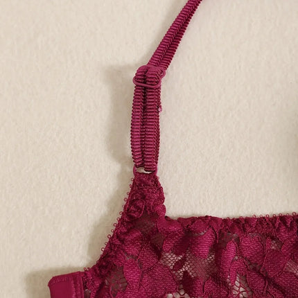 1 Set Elegant Erotic Lace Embroidery Breathable Fabric Lingeries : Push-Up Bra, Low Waist Sheer Panty - Ultimate Valentine's Day