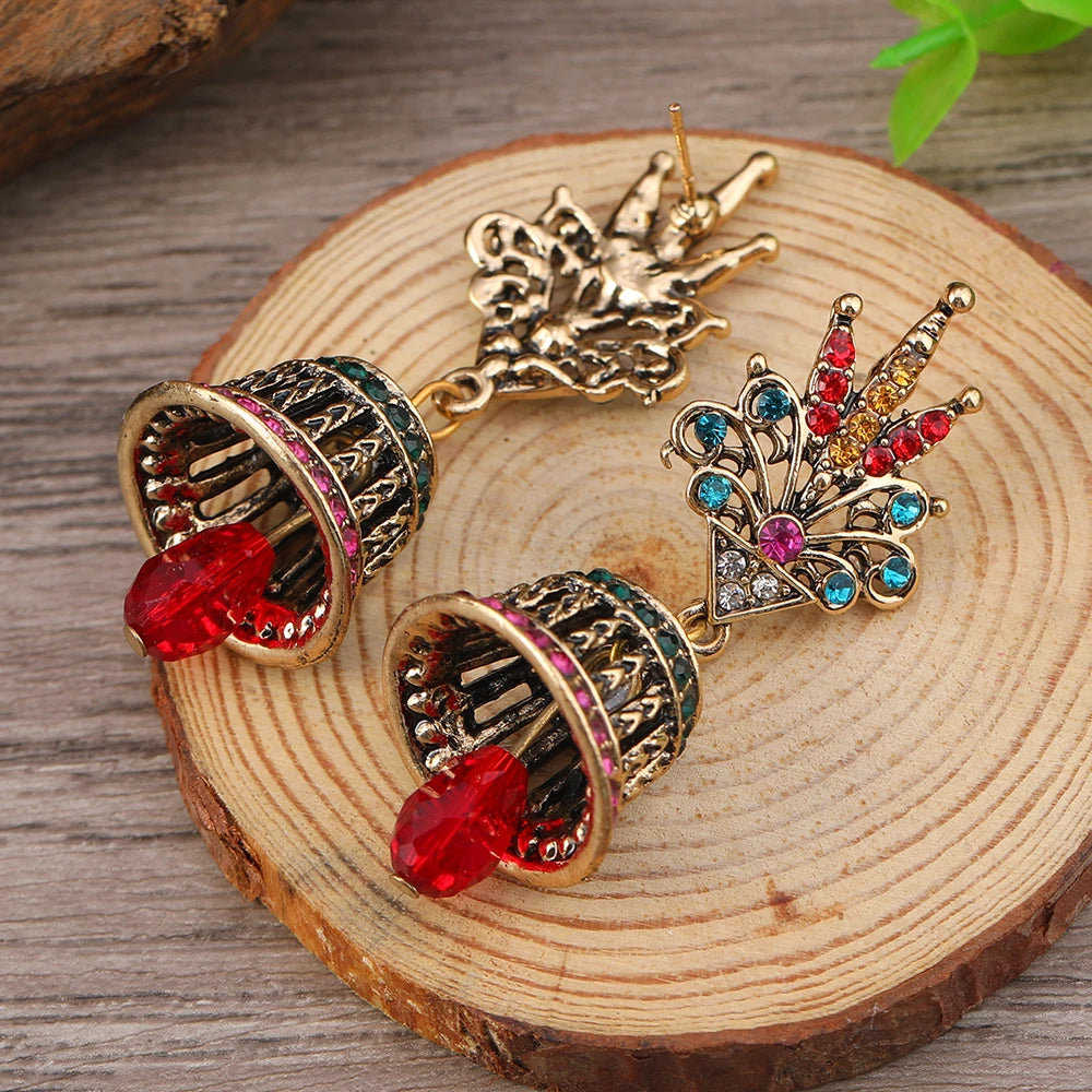 2pcs Women's Fashion Pendant Earrings Creative Retro Ethnic Style Long Bell Set with Colorful rhinestones Earrings Suitable for