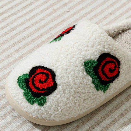 Women's Slippers Valentine's Day Rose Embroidery Fuzzy Romantic Love Comfy Flat Girl Valentine Gift Winter Home Shoes