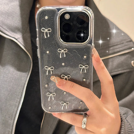 INS Korea Glitter 3D Silver Bow Beads Phone Case For iPhone 16 15 14 13 12 11 Pro Max 7 8 Plus X XS Epoxy Shell Girl Clear Cover