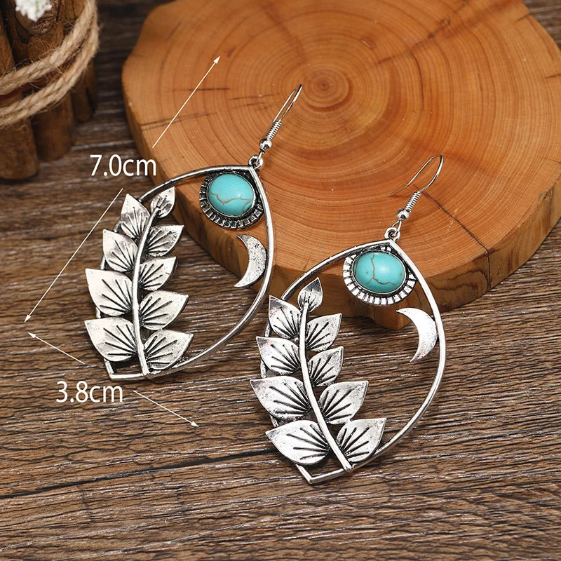 Retro European and American Bohemian leaf earrings, personalized and fashionable Western style turquoise earrings