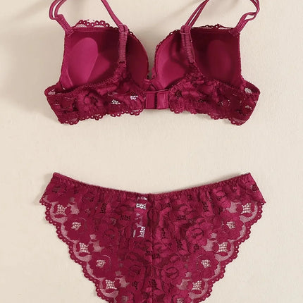 1 Set Elegant Erotic Lace Embroidery Breathable Fabric Lingeries : Push-Up Bra, Low Waist Sheer Panty - Ultimate Valentine's Day