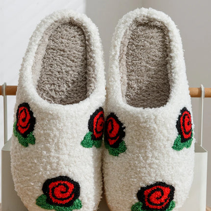Women's Slippers Valentine's Day Rose Embroidery Fuzzy Romantic Love Comfy Flat Girl Valentine Gift Winter Home Shoes