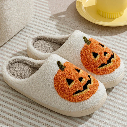 Smile Pumpkin Halloween Women's Slippers Winter Indoor Cartoon Comfort Home Bedroom Soft Causal Flat Plush Shoes for Gift
