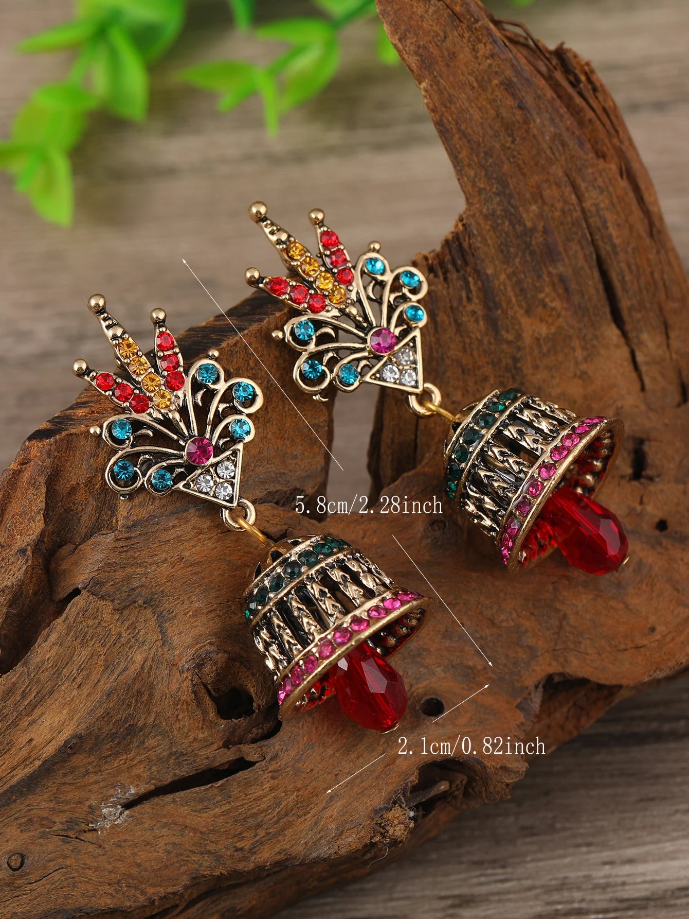 2pcs Women's Fashion Pendant Earrings Creative Retro Ethnic Style Long Bell Set with Colorful rhinestones Earrings Suitable for