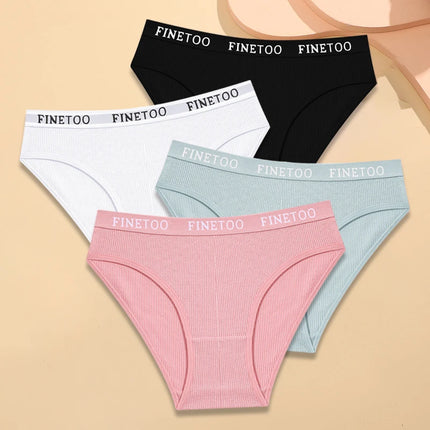 FINETOO 4Pcs Cotton Striped Underwear Women's Panties Letter Belt Briefs Ladies Low Waist Lingerie Solid Breathable Underpants