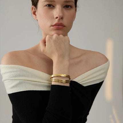 Yhpup 60mm Waterproof 316L Stainless Steel Round Smooth Bracelet Bangle Women Minimalist 18k Gold Color Texture Charm Jewelry