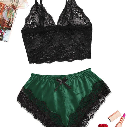 Women's 2 Piece Sexy Lace Pajama Set See-Through Bralette Cami Top and Shorts Breathable Sleepwear Plus Size Summer Lingerie