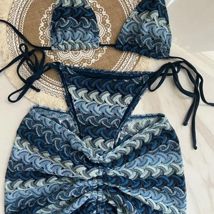 Women Swimsuit Colored Maple Leaves Knitted Bikini Skirt Three-Piece Set Split Swimsuit Bikini