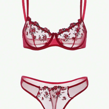 Women Floral Embroidory Underwear Set Sexy Lace Erotic Lingerie Female Bra And Brief Transparent Sensual Push Up Panty Patchwork