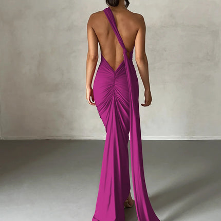 Hugcitar One Shoulder Backless Adjustable Scarf Loop Ruched Sexy Maxi Dress 2024 Women Elegant Y2K Streetwear Festival Outfit