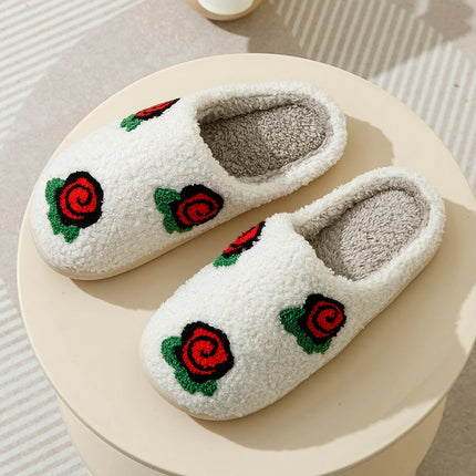 Women's Slippers Valentine's Day Rose Embroidery Fuzzy Romantic Love Comfy Flat Girl Valentine Gift Winter Home Shoes