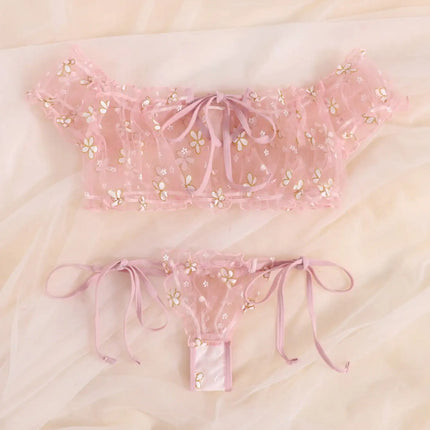 Sexy Fancy Lingerie Set 2 Pieces Transparent Halter Off Shoulder Women's Underwear Beautiful Daisy Print Bra And Panty Sets