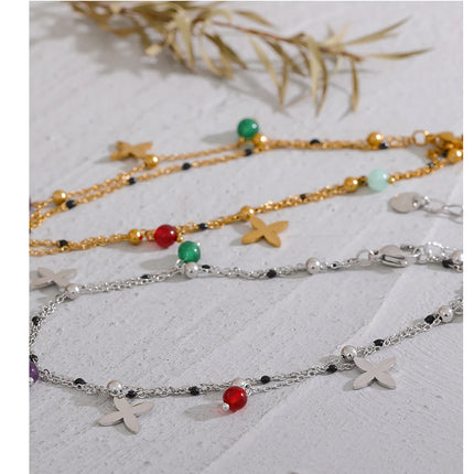 Yhpup Colorful Natural Stone Bead Flower Chain Stainless Steel Beach Anklet for Women Exquisite Summer Jewelry Bijoux Femme