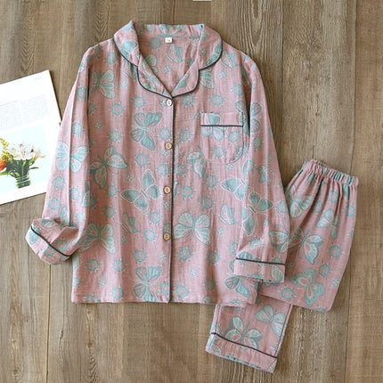 2024 Japanese Spring and Autumn New Women's Pajama Set 100% Cotton Vintage Long sleeved Pants Two Piece Set for Home Furnishings