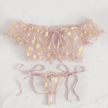 Sexy Fancy Lingerie Set 2 Pieces Transparent Halter Off Shoulder Women's Underwear Beautiful Daisy Print Bra And Panty Sets