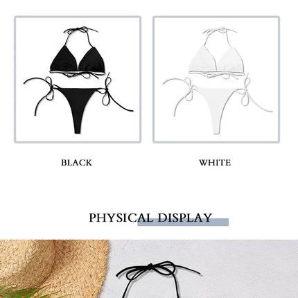 2025 New Women's Solid-color Separate Beach Wear Sexy Halter Three-point Bikini Backless Adjustable Lace-up Swimsuit