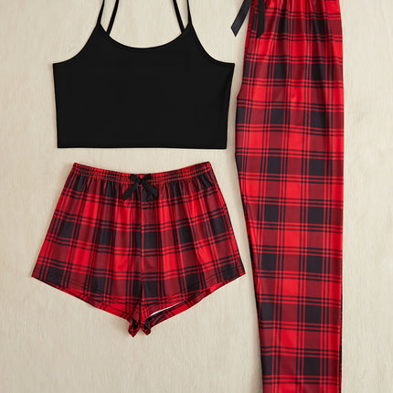 3Pcs Women's Pajama Set Camisole Shorts Trousers Three-Piece Bow Tie Home Wear Set Plaid Print Sleepwear for Women Christmas pjs