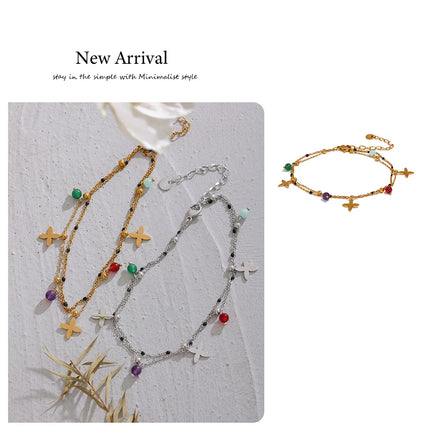 Yhpup Colorful Natural Stone Bead Flower Chain Stainless Steel Beach Anklet for Women Exquisite Summer Jewelry Bijoux Femme